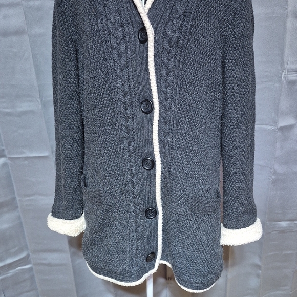 L.L. Bean Charcoal Hooded Cardigan with Ivory Trim - Picture 3 of 12